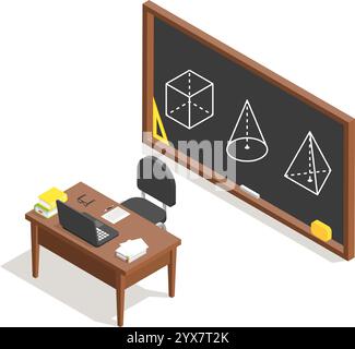 Geometry lesson featuring a teacher s desk with a laptop and books, surrounded by drawings of set squares, cones, cubes, and pyramids on the Stock Vector