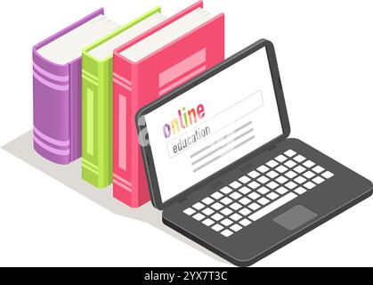 Laptop showcasing an online education platform, surrounded by vibrant books, representing the essence of online learning and the wealth of digital Stock Vector