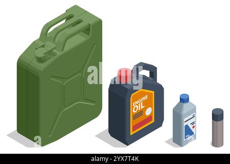 An isometric illustration of vehicle maintenance items, including a green fuel can, a black container of engine oil, a blue-capped bottle, and a spray Stock Vector