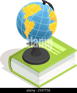 Geography textbook featuring a globe illustrating the earth and its continents, symbolizing education, learning, travel, and the spirit of exploration Stock Vector