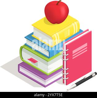 Colorful stack of books topped with a vibrant red apple, accompanied by a spiral notebook and pen, symbolizing the essence of education and the Stock Vector
