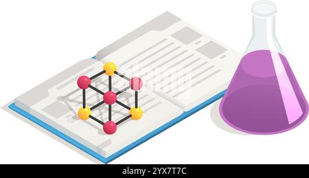 Isometric view of an open book with a molecular model placed on top of it, next to a beaker containing a vibrant purple liquid, suggesting scientific Stock Vector