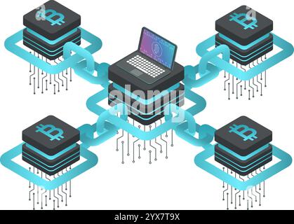 Cryptocurrency servers with bitcoin symbol connected by blockchain links to laptop showing bitcoin symbol on screen, concept of mining and trading Stock Vector