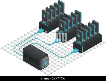 Cryptocurrency mining farm generating digital currency with multiple usb connected devices and power supply, representing blockchain technology and Stock Vector