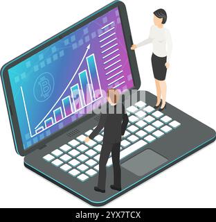 Businessman and businesswoman are standing on a giant laptop keyboard analyzing a growing bitcoin cryptocurrency chart displayed on the screen Stock Vector
