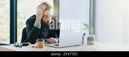 Stress, burnout and business man on laptop upset for crisis, network error and 404 mistake. Banner, corporate and worker on computer with frustrated Stock Photo