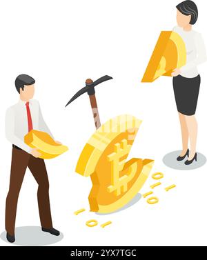 Businessman and businesswoman mining and sharing bitcoin cryptocurrency, using pickaxes to break it into pieces while incorporating binary code Stock Vector