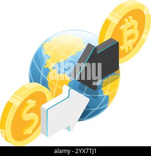 Global isometric view of exchanging bitcoin and dollar with white background representing cryptocurrency exchange, digital currency, and global Stock Vector