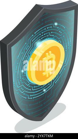 Bitcoin digital currency symbol on shield with electronic circuit, representing secure cryptocurrency investment and protection against online threats Stock Vector
