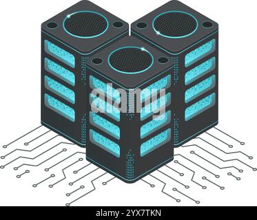Three server units are processing data, illuminated by glowing blue lights, connected by futuristic circuitry, representing the power of modern Stock Vector