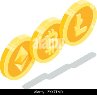 Three gold coins showing bitcoin, ethereum and litecoin symbols represent the growing cryptocurrency market and decentralized digital money trading Stock Vector