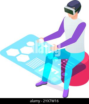 Software developer wearing a vr headset is sitting and interacting with virtual reality data, manipulating holographic charts and diagrams with his Stock Vector