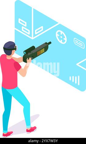 Young man wearing a virtual reality headset and holding a gun controller, engaging in an immersive shooter game with a futuristic interface and Stock Vector