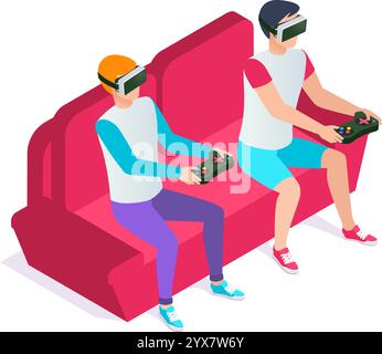 Two gamers wearing virtual reality headsets are playing video games using controllers while sitting comfortably on a red couch, enjoying immersive Stock Vector