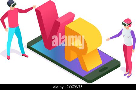 Two people wearing virtual reality headsets are interacting with a large vr symbol emerging from a smartphone, showcasing immersive technology Stock Vector