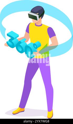 Software developer experiencing three hundred and sixty degree vision using virtual reality headset, exploring augmented reality, metaverse and Stock Vector