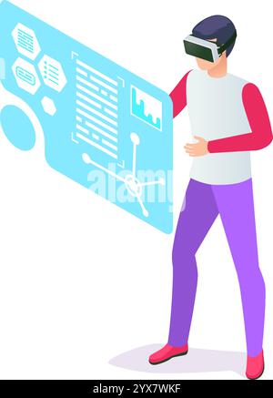 Software engineer using vr goggles interacting with data analysis displayed on a futuristic transparent screen, representing innovative technology in Stock Vector