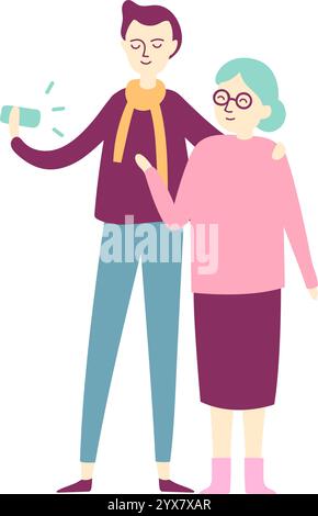 Young caregiver showing smartphone to elderly woman with arm around her shoulder, representing the bond between generations and the sharing of new Stock Vector
