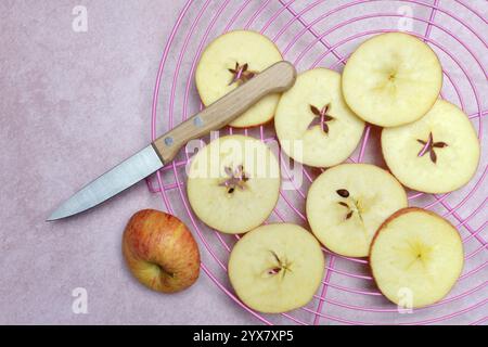 Apple rings and apples, apple slices on grill Stock Photo