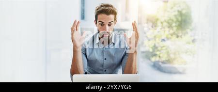 Stress, shock and business man on laptop upset for crisis, network error and 404 mistake. Banner, corporate and worker on computer with frustrated Stock Photo