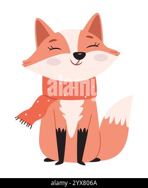 Happy cute fox in a red scarf.Adorable forest character isolated on white background. Woodland animal in cartoon style for kids design. Stock Vector