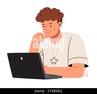 Man at laptop.Business men, work online, surfing internet with desktop computer, laptop, mobile phone, tablet PC. Stock Vector