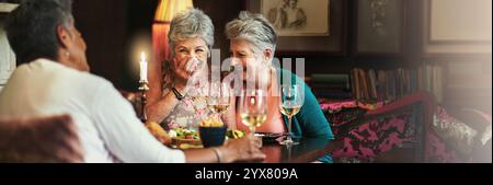Elderly people, friends and happy in home for dinner, reunion or gossip story in banner. Senior women, laugh and chatting with food for bonding Stock Photo