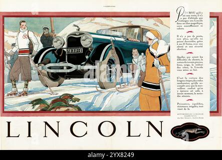 1928 French Lincoln car ad with René Vincent artwork Stock Photo