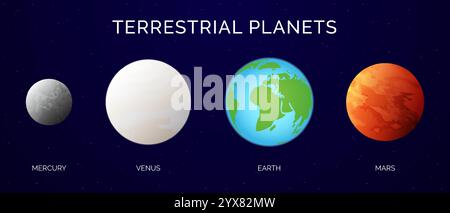 Terrestrial Planets Illustration with Mercury, Venus, Earth and Mars Planet Stock Vector