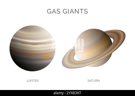 Gas Giants Illustration with Jupiter and Saturn Planets Isolated on White Background Stock Vector