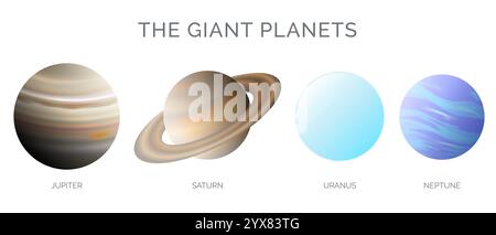 Giant Planets Illustration with Jupiter, Saturn, Uranus and Neptune Planet Isolated on White Background Stock Vector