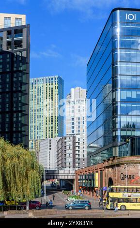 The CitySuites, Anaconda Cut, and One Greengate apartments, and the '101 Embankment' buildings from Greengate Square, Salford, Manchester, England, UK Stock Photo