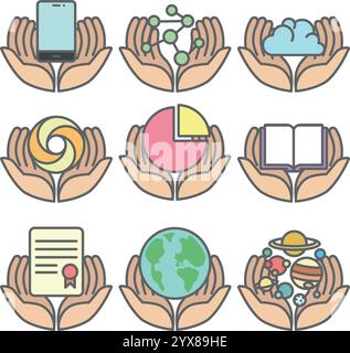 Set of nurturing vector icons with hands holding various symbols representing science, technology, and sustainability Stock Vector