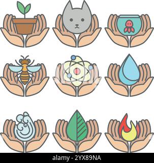 Set of nurturing vector icons with hands holding various symbols representing ecology, science, and harmony Stock Vector