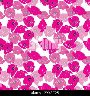 Pink poppies flowers. Seamless pattern on white background. Floral hand drawn stylized texture. Vector illustration Stock Vector