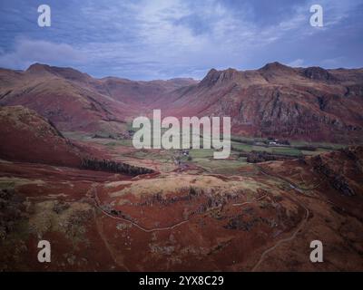 Beautiful atmospheric aerial drone Autumn landscape image of Langdale Pikes in Lake District Stock Photo