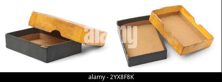 set of old and worn out small rectangular cardboard box with yellow lid and black base with empty interior, faded with uneven discoloration Stock Photo