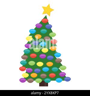 Christmas tree with Christmas balls and a star on the top. Vector illustration. Stock Vector