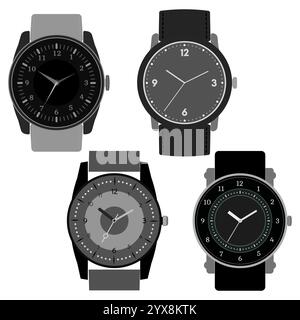Set of four black and white watches on white background. Clock face with hour, minute and second hands. Vector illustration. Stock Vector