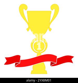 Champion cup in gold with red ribbon. Championship prizes for first place. Victory symbols isolated on white background. Stock Vector