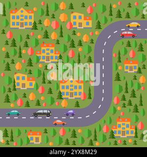 Plan of village. Landscape with the road, forest, cars and yellow houses.  Vector illustration Stock Vector