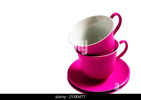 two pink ceramic Cup on white background, isolated Stock Photo