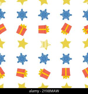 Christmas semless pattern with snowflake, star and gift box on white background. Vector illustration Stock Vector