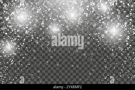 Snowfall and falling snowflakes on dark transparent background. White snowflakes and Christmas snow. Vector illustration Stock Vector