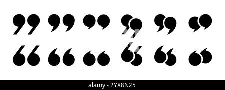 Round quotation marks icons are black on a white background. A set of linear icons, commas. Check mark or checkbox, quote icons in comments. Vector EP Stock Vector