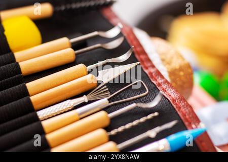 There is a collection of various brushes neatly arranged in a case resting on a table surface, ready for use or display Stock Photo
