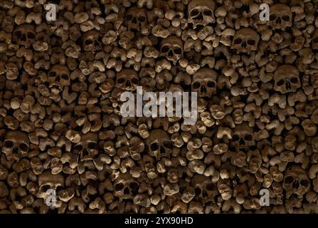 A picture of multiple skulls and bones at the Brno Ossuary. Stock Photo