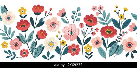 Horizontal seamless border with bright spring flowers. Flowers pattern in flat design style Stock Vector