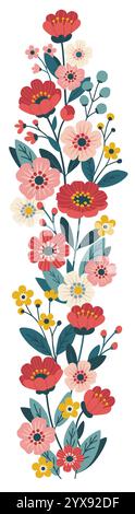 Vertical border with bright spring flowers. Flowers decor in flat design style Stock Vector