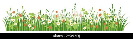 Green grass border with flowers and wild strawberries, meadow herb and grass, vector illustration Stock Vector